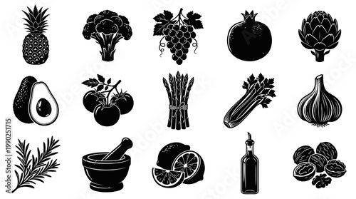 Food Engraving Style Illustrations - Healthy Ingredients, Fruits, Vegetables, and Kitchen Tools
