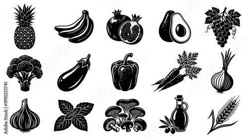 Black and White Vector Icons: Fresh Fruits, Vegetables  Grains