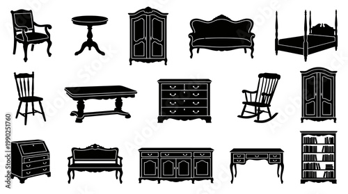 Home Furniture Vector Silhouette Icons Set for Interior Design and Household Decor