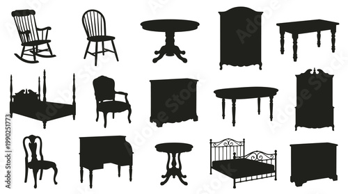 Black Silhouette Furniture Icons: Chairs, Tables, Beds, Cabinets