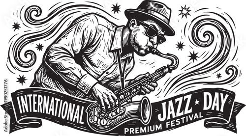 International Jazz Day festival vector illustration with saxophone player, swirls, and stars