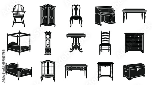 Antique Furniture Icons - Black and White Vector Set