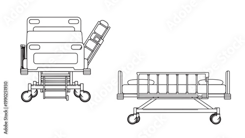 Detailed outline illustration of a modern hospital bed with adjustable features and side rails, presented in two distinct views for medical design.