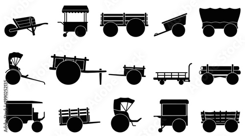 Transportation Carts, Wagons, and Rickshaws Black Silhouette Icon Set