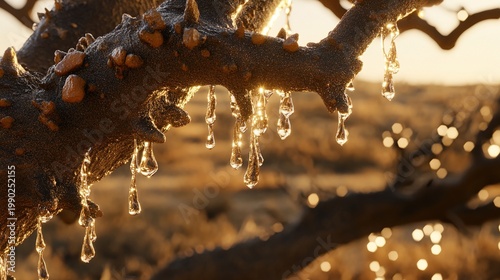 frankincense. Frankincense tree in dry African landscape with glistening resin tears. gardening catalogs, home-decor guides, designed for home decor and floral branding, used by teachers.