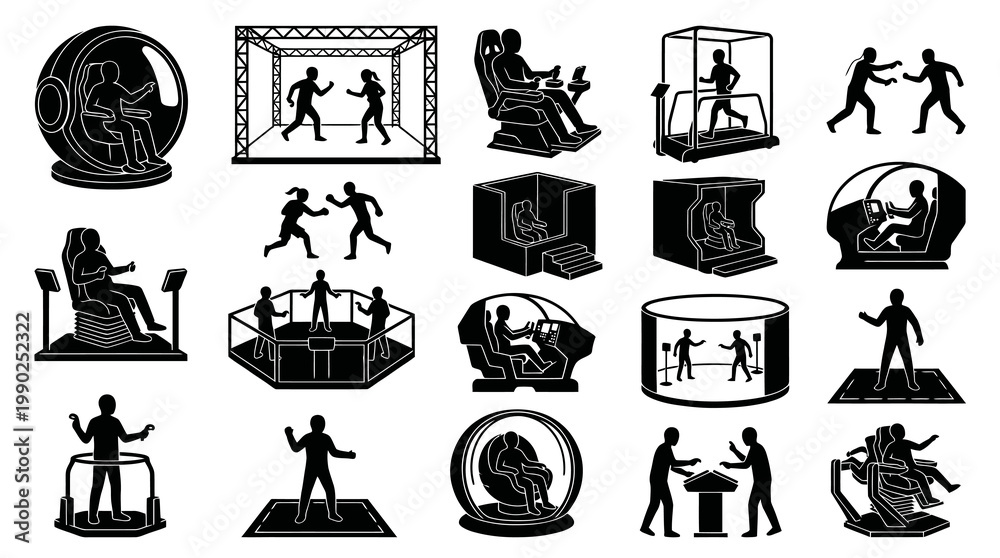 Obraz premium VR arcade and simulation technology icons, black and white glyph art