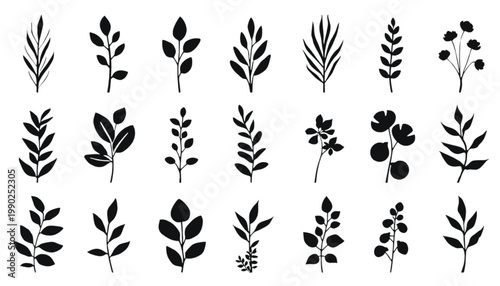 Leaves consisting of eighteen unique botanical silhouettes are organized in a structured grid to provide a comprehensive selection of natural elements for artistic compositions and creative design.