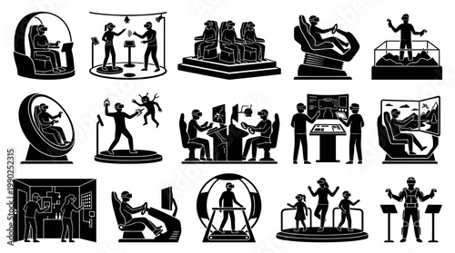 Black and White Icons of People Using Virtual Reality Technology