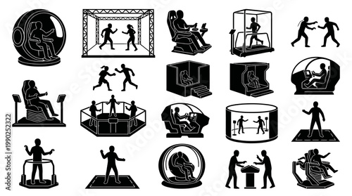 VR arcade and simulation technology icons, black and white glyph art