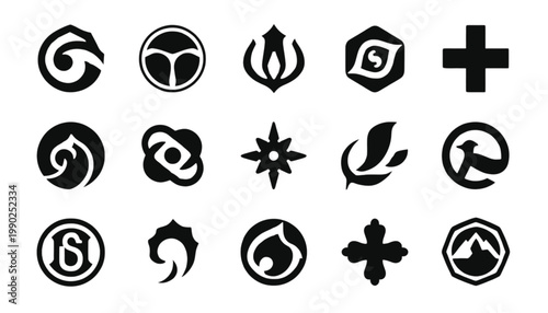 Logos consisting of various geometric shapes and abstract symbols are arranged in a grid pattern to provide a diverse collection of design elements for branding projects that require minimalist.