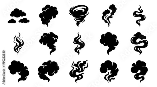 Black  White Smoke and Steam Vector Icons - Abstract Cloud and Vapor Elements Glyphs