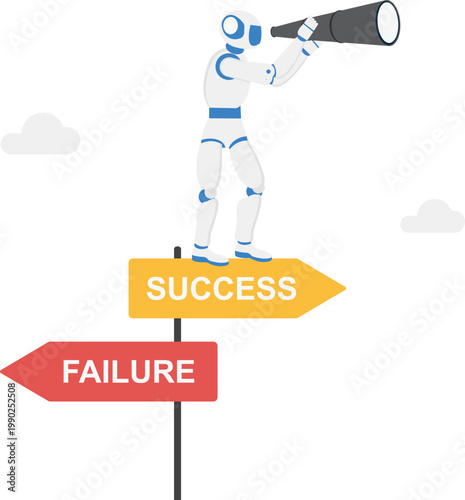 Robot with binoculars looking at success and failure signs
