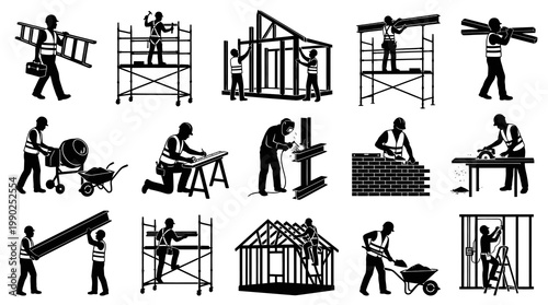 Construction Worker Silhouettes: Building, Welding, Masonry, Carpentry, Ladder