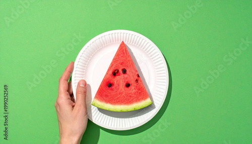 Triangular watermelon slice on white plate with green background