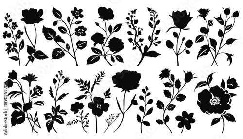 Rose silhouettes and assorted floral stems are arranged in a structured grid to offer a comprehensive collection of botanical assets for high-quality graphic design and elegant print media.