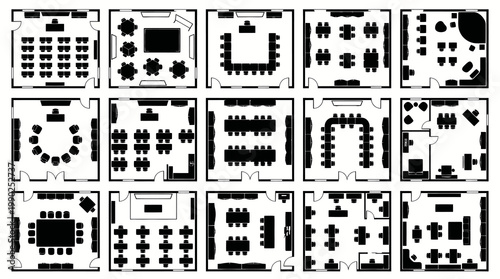 Conference  Event Planning Room Layouts Black and White Glyph Icons Set