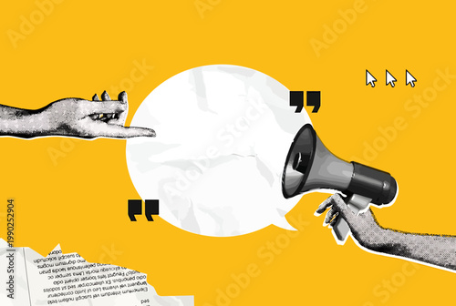 hands holding megaphone and pointing finger on yellow background with speech bubble