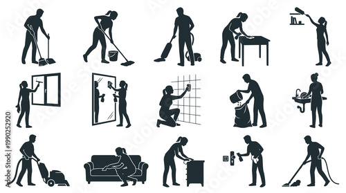 Cleaning service silhouettes: people with broom, mop, vacuum, sink, window