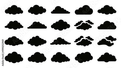 Set of Black Silhouette Cloud Icons, Weather Symbols, Vector Art