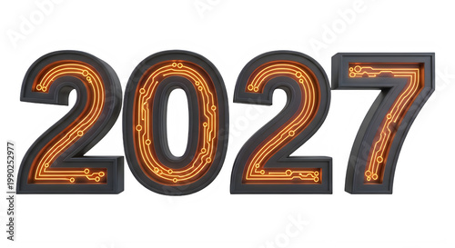 Neon 2027 numbers with orange circuit electronic