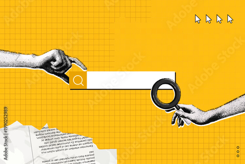 hands interacting with search bar on yellow grid background