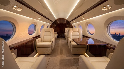 Luxurious private jet cabin with cream leather seats, polished wood tables, warm ambient lighting, circular windows, and sunset view over city skyline.