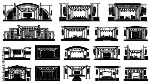 Black and White Vector Set of Outdoor Stage Designs for Music Events