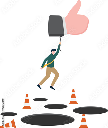 Professional jumping over holes holding a thumbs up icon