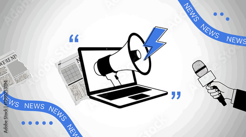 News and media concept with laptop and microphone