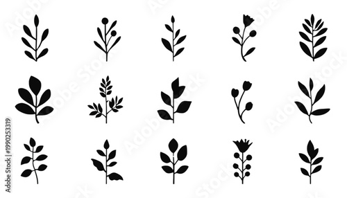 Flowers and stems arranged in a grid display a variety of small botanical icons that serve as useful graphic assets for creative design applications.