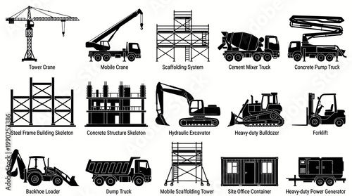 Construction Equipment Machinery Vehicles Structures Black White Silhouette Icons Set