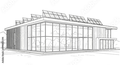 Architectural sketch of a modern building featuring solar panels on its roof and expansive glass windows, illustrating sustainable design concepts.