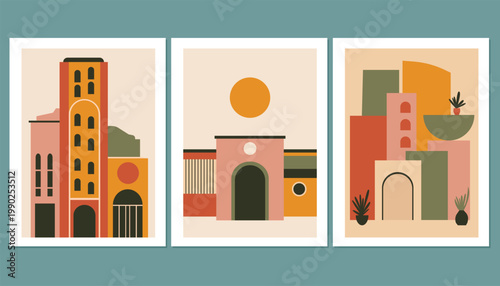 Set of abstract geometric cityscapes featuring Mediterranean architecture, arches, and sun in warm earthy tones.