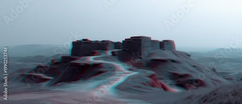 Anaglyph Image of Historic Fortifications on a Hilltop Landscape