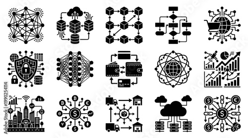 Technology Digital Transformation Icons Set. AI, Blockchain, Cloud, IoT, Data, Security Glyph