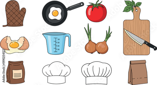 Collection of hand drawn kitchen icons featuring chef hat, frying pan, fresh vegetables, cutting board, and cooking tools for culinary design projects.