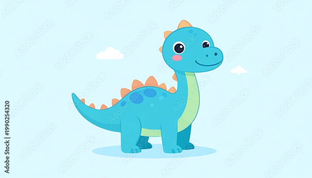 Naklejka premium Adorable cartoon dinosaur with a friendly smile, standing against a light blue backdrop with a few white clouds. Simple and inviting style