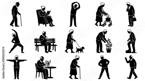 Black and White Silhouette Icons of Elderly People Engaged in Various Activities