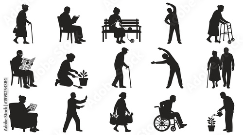 Senior Lifestyle Silhouettes: Active Elderly People Illustrations