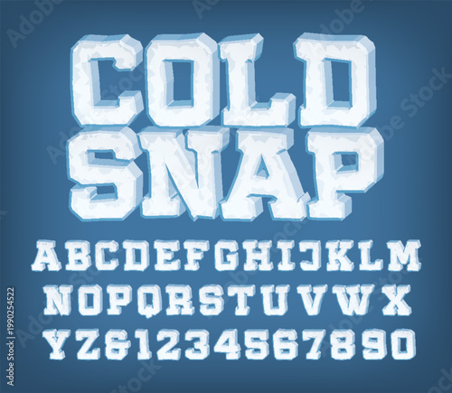 Cold Snap alphabet font. Cold 3D ice letters and numbers. Stock vector for cool typography projects.
