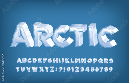 Arctic alphabet font. Cold 3D ice letters and numbers. Stock vector for fresh typography design.