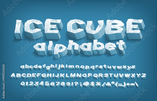Ice Cube alphabet font. Classic 3D ice letters, numbers and symbols. Uppercase and lowercase. Vector typeface for your typography designs.