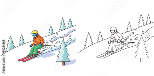 Boy skiing downhill on a snowy mountain slope with pine trees, colored illustration and black and white line art coloring page set, winter outdoor sports and leisure activity