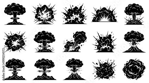 Black and White Explosion Vector Icons. Action, War, and Atomic Blast Silhouettes