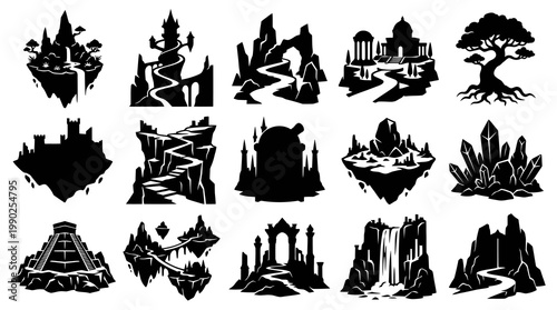 Fantasy Landscapes Silhouettes: Floating Islands, Castles, Crystals, Waterfalls