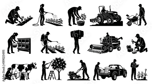 Farming Agriculture Black  White Silhouettes Set, Vector Icons