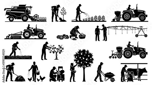 Farming and Agriculture Icons: Tractors, Harvesting, and Livestock - Black and White