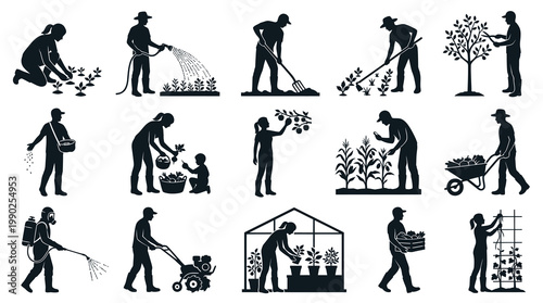 Agriculture  Gardening Silhouettes: Farmers  Gardeners Working with Plants  Tools Vector Set