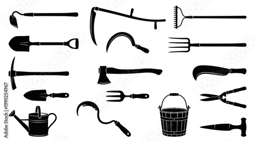 Black and White Silhouette of Various Garden Tools and Equipment