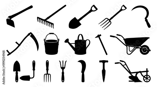 Gardening  Farming Tools Icons Set: Agricultural Equipment Black Silhouettes for Horticulture